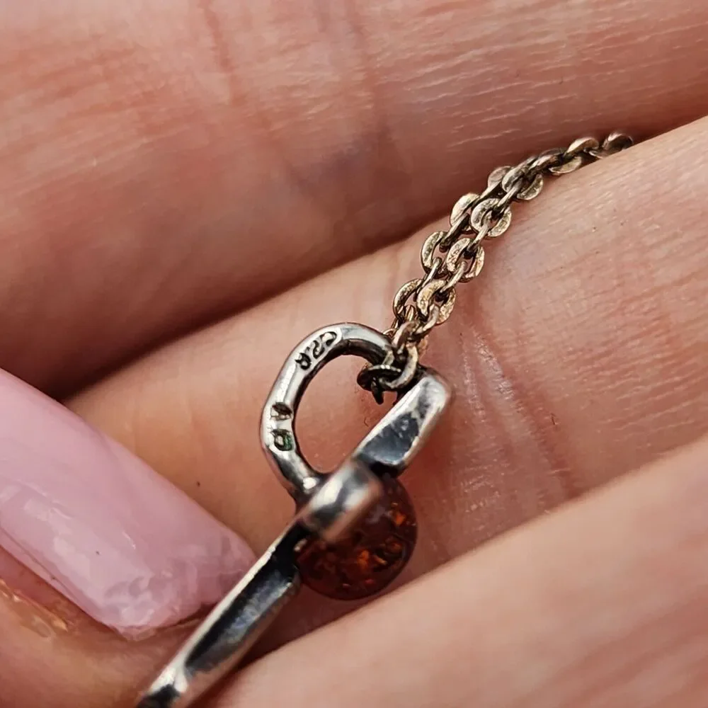 Vintage Dainty Sterling Silver Genuine Amber Center Cross Pendant 18